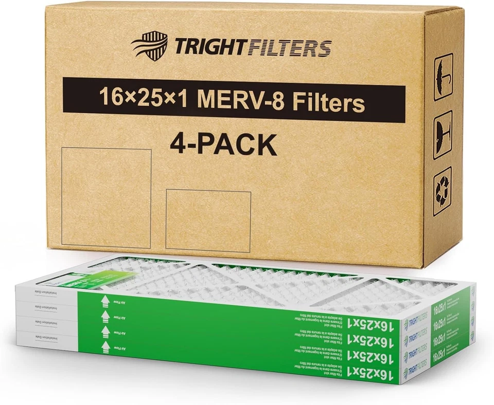 Trightfilters 16x25x1 MERV-8 Air Filter Pleated for Home HVAC AC Furnace - 4pack