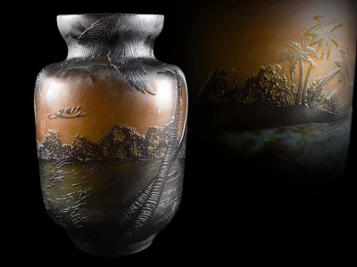 Y3169: XF Japanese Glass Emile Gall sculpture FLOWER VASE/case Ikebana, auto - Image 1 of 4