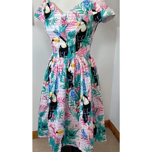 Hell Bunny Shift Dress White Blue Floral Toucan Raphaella Size XS 8 Chiffon 50's - Picture 1 of 11