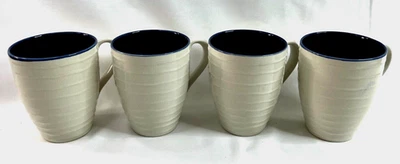 222 Fifth FLIP FLOP White/Blue  Ribbed 12oz. Coffee Mugs Cups Stoneware Set of 4 - Image 1 of 4