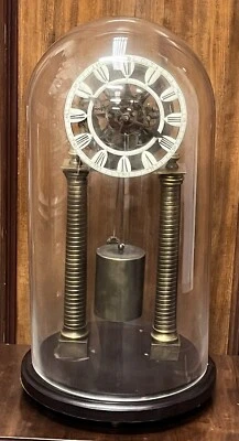 Industrial Chain Driven Skeleton Clock, Glass Dome, Weight & Key. Large In Size - Image 1 of 4