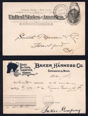 USA Springfield Mass 1894 Baker Harness ADVERTISING Postal Card, Horse - Image 1 of 3