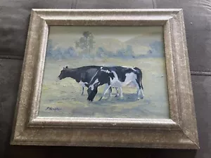 Quadro ad olio vintage MUCCA firmato L'Heureux artista elencato incorniciato paesaggio pascolo - Foto 1 di 15