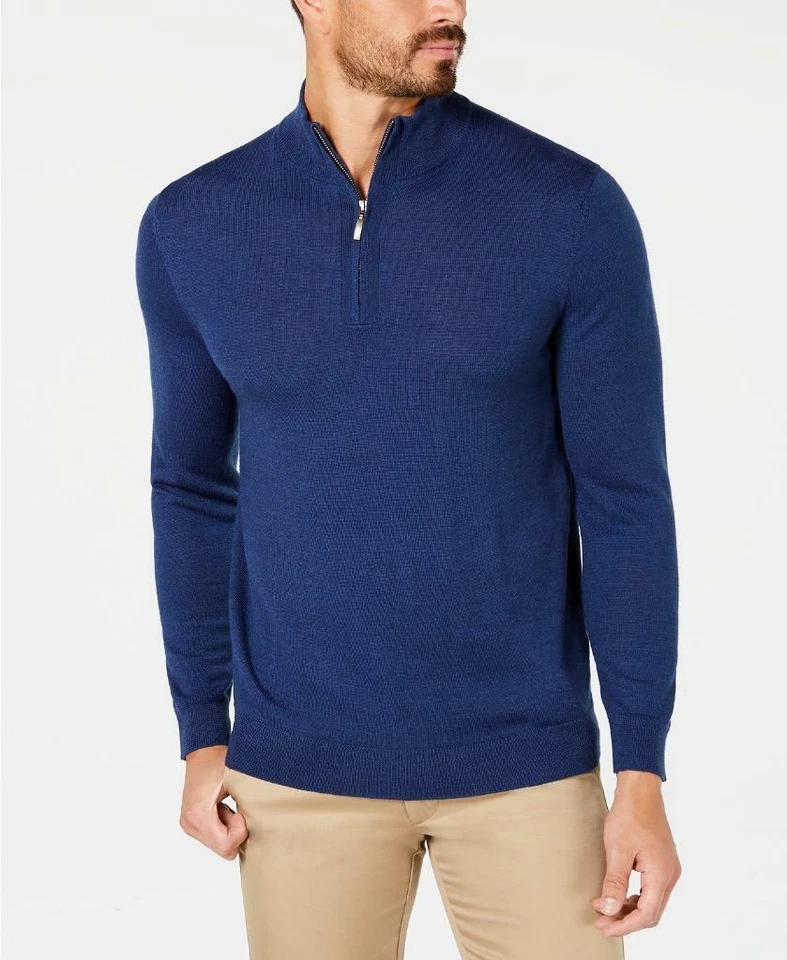 NWT Club Room Men's Blue Heather Quarter Zip Merino Wool Sweater XXL tse1921 - Image 1 of 1