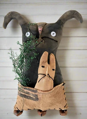Primitive Easter Spring Hanging Momma and Baby Chocolate Bunny Hanging Doll 10" - Image 1 of 4