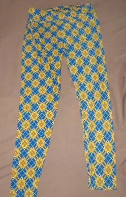 LLR LuLaRoe Blue Yellow Diamond Plaid LEGGINGS Ladies TC Tall Curvy Groovy Rad - Image 1 of 3