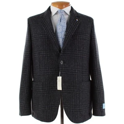 Belvest 全新带标签羊毛羊绒运动外套 54R 码(44R 美国)灰色/黑色/蓝色格子 — 第 1/4 张图片