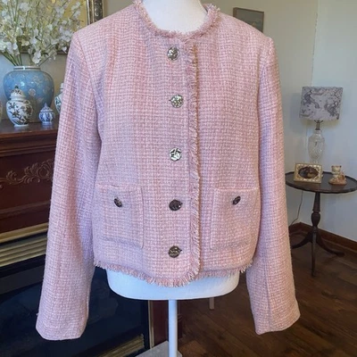 Rachel Zoe Women’s Large Pink Tweed Blazer Jacket Silver Buttons Lined Classic - Image 1 of 4