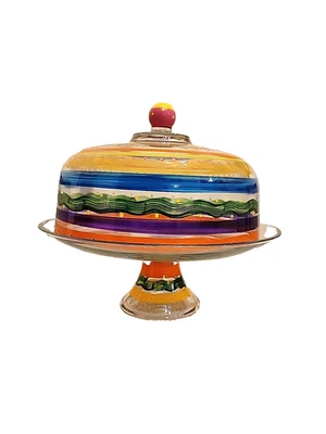 Suporte para bolo com pedestal de vidro pesado com tampa de cúpula pintada à mão  - Imagem 1 de 4