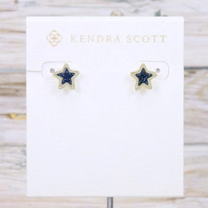 NWOT Kendra Scott Jae Star Blue Drusy Stud Earrings Gold Tone - Picture 1 of 6