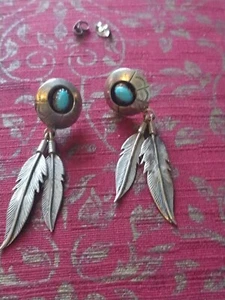 Amerikanische Ureinwohner Navajo baumelnde Federn Vintage Sterlingsilber Türkis Ohrring/ro - Bild 1 von 5