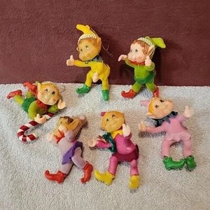 6 Vintage Plastic Felt Flocked Pixie Elf Ornaments - Picture 1 of 15
