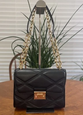 MICHAEL KORS SERENA MD FLAP CHAIN SHOULDER CROSSBODY QUILTED BAG BLACK/GOLD - Image 1 of 4