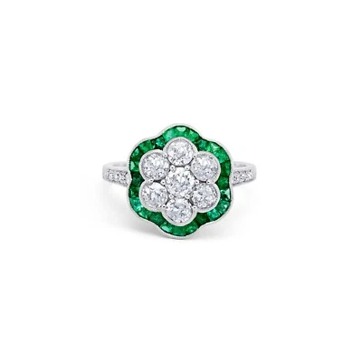 Diamond Emerald Platinum Flower Ring Art Deco Cocktail Handmade Natural 1.60 CTW - Image 1 of 4