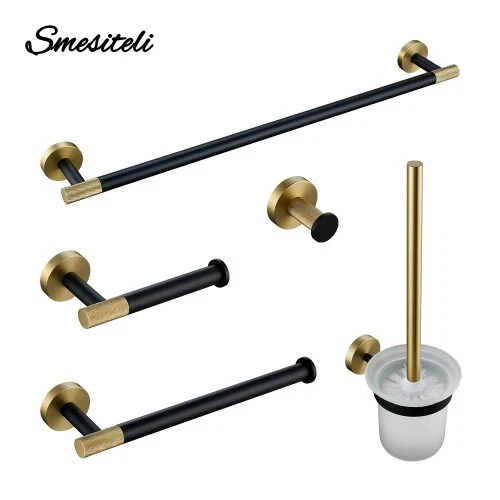 Towel Bar Wall Mounted Towel Rack Brushed Gold Paper Holder& Matte Black Hook - Image 1 of 4