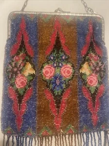 Antique Victorian beaded bag art deco glass beaded floral flowers roses germany - Picture 1 of 11