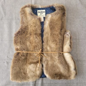Oshkosh B'Gosh Girls Sz 7 Sleeveless Shaggy Faux Fur Jacket Vest Brown Navy Blue - Picture 1 of 6