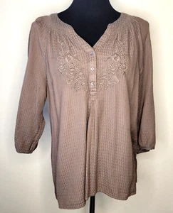 St Johns Bay Women's XL Peasant Shirt Button Front 3/4 Sleeve Brown Embroidered - Picture 1 of 6