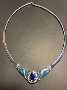 Diamond, Amethyst & Opal Omega Platinum Plated Sterling Silver Necklace 16”