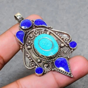 Tibetan Turquoise Lapis lazuli Handmade Jewelry Nepali Pendant 2.70" SR 2109 - Picture 1 of 7