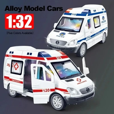 1:32 Hospital Rescue Ambulance & Police Diecast Car Model – Pull Back, Sound - Image 1 of 4