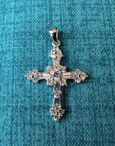 Schöner Baguette & Rundschliff Zirkon Sterling Silber 925 Kreuz Anhänger - Bild 1 von 6