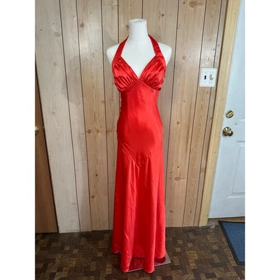 De Colección Sedoso Y2K Rojo Brillante/Naranja Halter Espalda Baja Formal Vestido Baile de graduación/Cóctel Foto 1 de 4