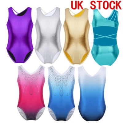 UK Girls Metallic Leotard Sleeveless Ballet Dance Gymnastics Jumpsuit Unitard  - Image 1 of 3