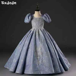 Glitter Sequined Puff Sleeve Dress Girls Formal Performance Luxury Ball Gown - Picture 1 of 10