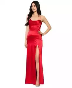 Blondie Nites Draped Lace-Up Satin Gown Juniors' 3 Red Back Lace Zip Closure - Picture 1 of 15