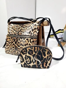Front Pocket Lepard Crossbody Messenger Bag with Victoria Secret Cosmetic Pouch - Picture 1 of 11