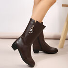 Ladies Fashion Winter Vintage Solid Leather Side Zipper Thick Heel Mid Length