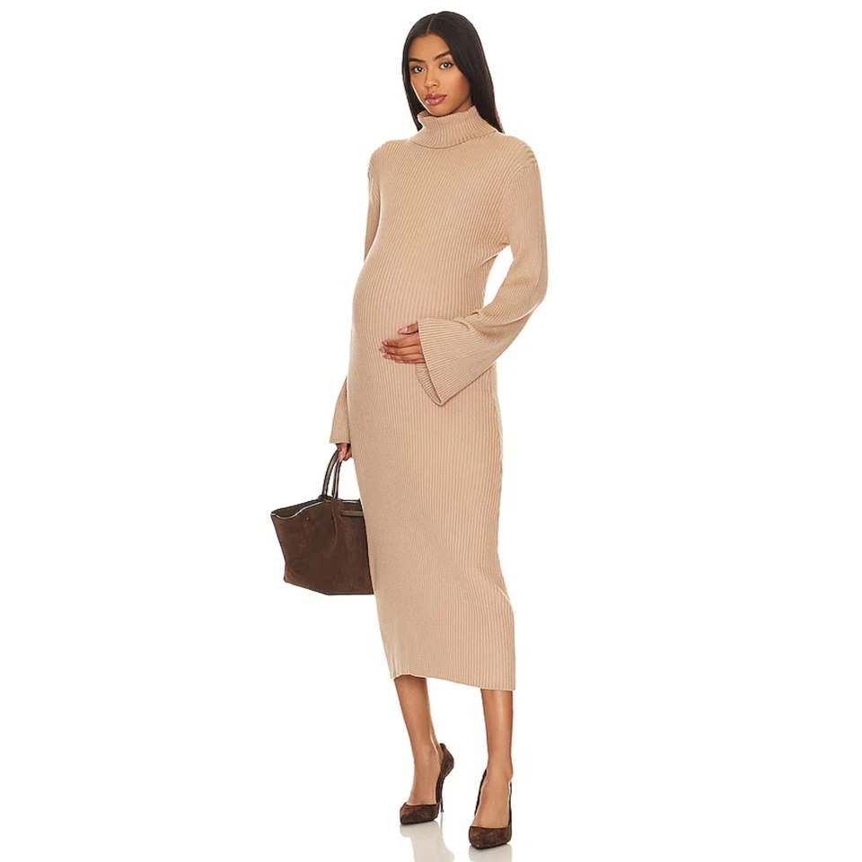 BUMPSUIT Maternity Beige Tan Ribbed Turtleneck Long Bell Sleeve Midi Dress Small - Image 1 of 4