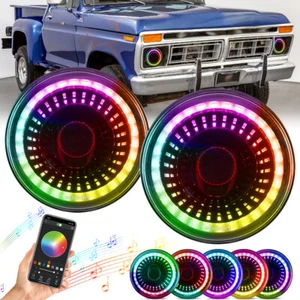 Pair 7'' RGB LED Headlights Halo DRL For 1953-1977 Ford F100 F250 F350 Pickup - Picture 1 of 13