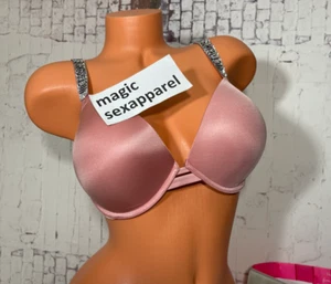 VICTORIAS SECRET 34DDD LOGO SHINE STRAP CRYSTAL BLING PUSH-UP CUT OUT BRA PINK - Picture 1 of 2