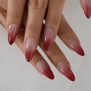 24 Press on Nails Set mit Kleber Red Ombre Almond Nude French Maroon - Bild 1 von 6
