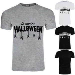 Mens Happy Halloween Printed Short Sleeve Spider Web Bat Crew Neck T Shirt Top - Picture 1 of 3