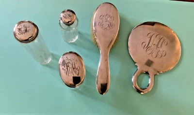 Precioso conjunto de frascos de vidrio de cinco piezas Gorham estilo Art Deco Sterling para damas Foto 1 de 4