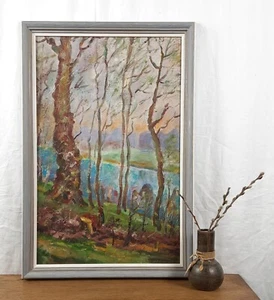 Dipinto olio originale, artista ucraino Korenchuk, alberi, paesaggio fluviale - Foto 1 di 8