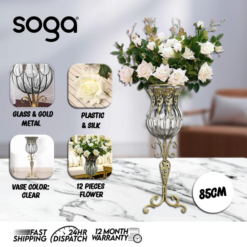 SOGA 85cm Clear Tall Floor Vase and 12pcs Artificial Fake Flower Set Home Decor