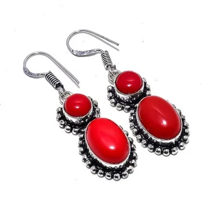 Coral Gemstone 925 Sterling Silver Earring 1.8" f195 - Picture 1 of 8
