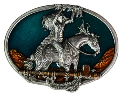 AMERICAN INDIAN PEWTER BELT BUCKLE NATIVE HORSE 1984 R-29 Siskiyou Western VTG - Image 1 of 4