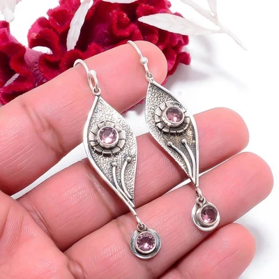 粉色紫水晶手工 925 纯银耳环 2.42 Sku15 圣诞礼物 — 第 1/4 张图片