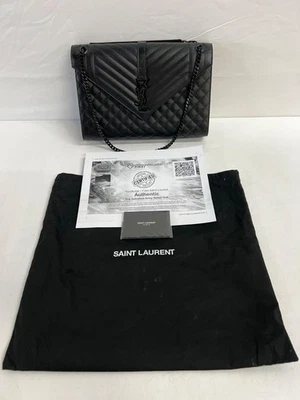 SAINT LAURENT Envelope Triquilt YSL Shoulder Bag Blk Grained Leather w/ COA - Image 1 of 4