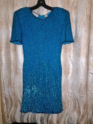 Vestido Vintage Laurence Kazar Pequeño Lentejuelas Turquesa Seda Cuentas Años 80 Talla Grande Foto 1 de 4