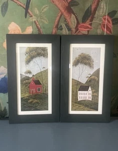 Set Of Framed Warren Kimble Folk Art Prints Red Barn & White Church  14.5”x8.5” - Picture 1 of 8