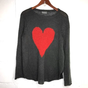 Wooden Ships Women's S/M Gray Mohair Wool Red Heart Knit Sweater Pullover - Picture 1 of 7