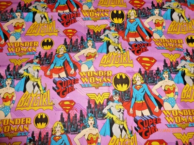 Fabric FQ Cotton Quilt Pink Super Girl Hero Batgirl Wonder Woman Comic 40x32" - Image 1 of 3