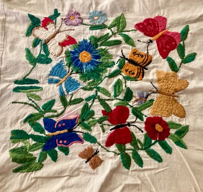 Hand Embroidered Hungarian Kalocsa Linen Cushion Cover Flower Butterfly Folk Art - Image 1 of 4