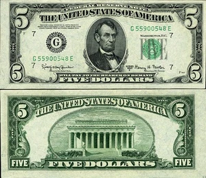 FR. 1966 G $5 1950-E Federal Reserve Note Chicago G-E Block AU+ - Picture 1 of 3